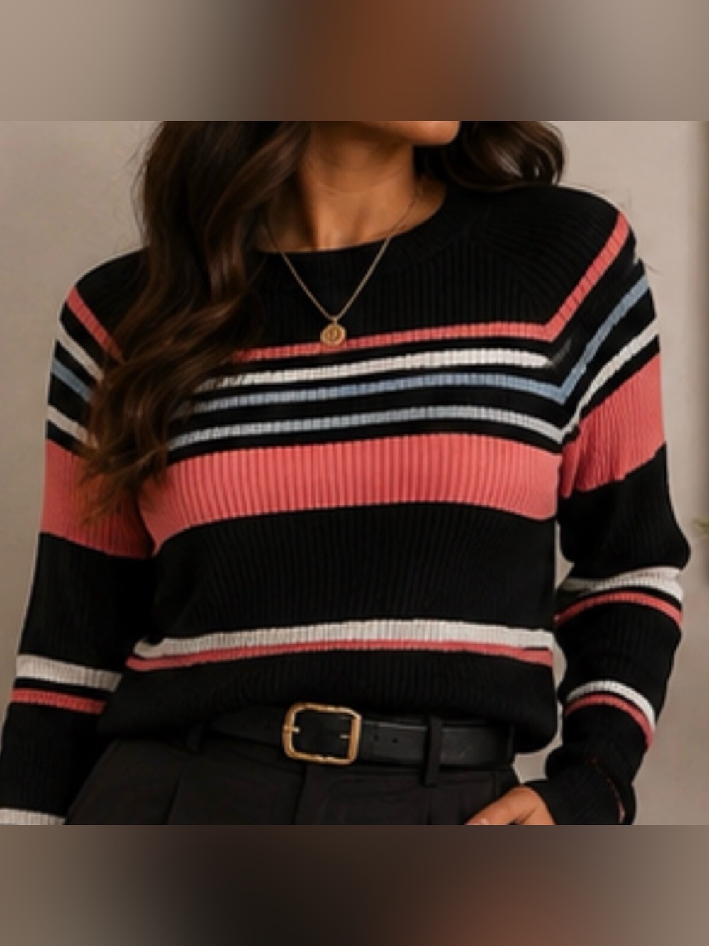 Fashion Nova Black Pink Striped Ribbed Sweater Size 1X runs small